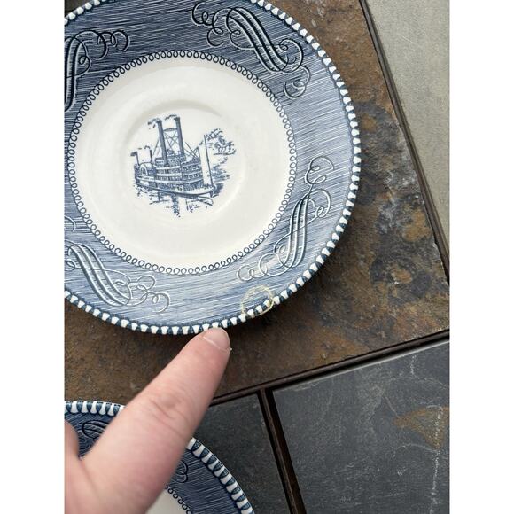 Vintage Currier and Ives Mississippi Steamboat Saucer Plate Set Of 7 Blue - Picture 2 of 6